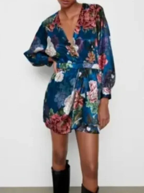 Zara Blue Floral Puff Sleeve Romper Sz S - Picture 1 of 6